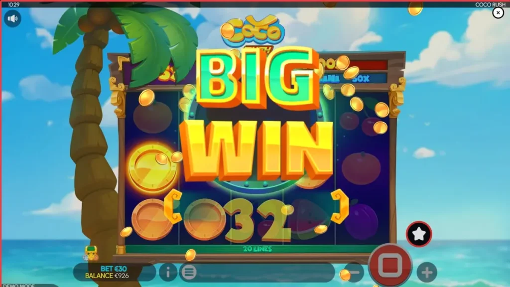 Interface vibrante do slot Coco Rush com tema tropical e palmeiras