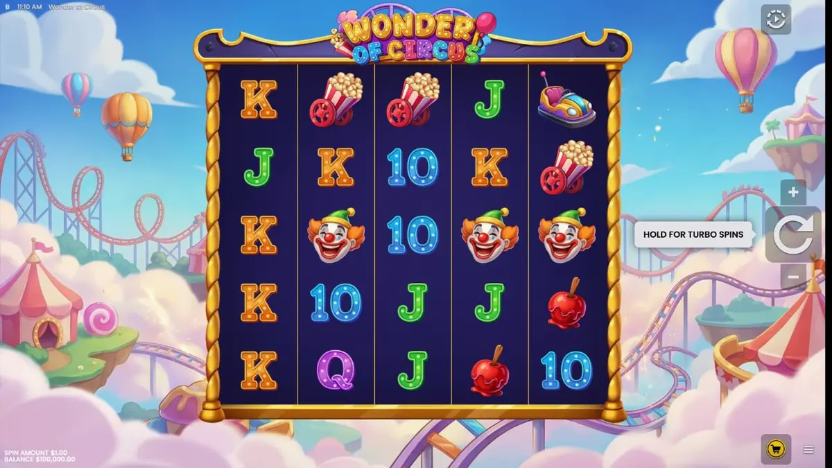 Interface vibrante e neon do jogo Wonder of Circus com elementos circenses