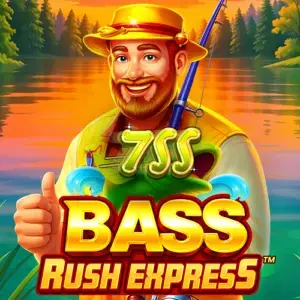 Visual do slot Bass Rush Express com tema de pesca e interface de lagoa